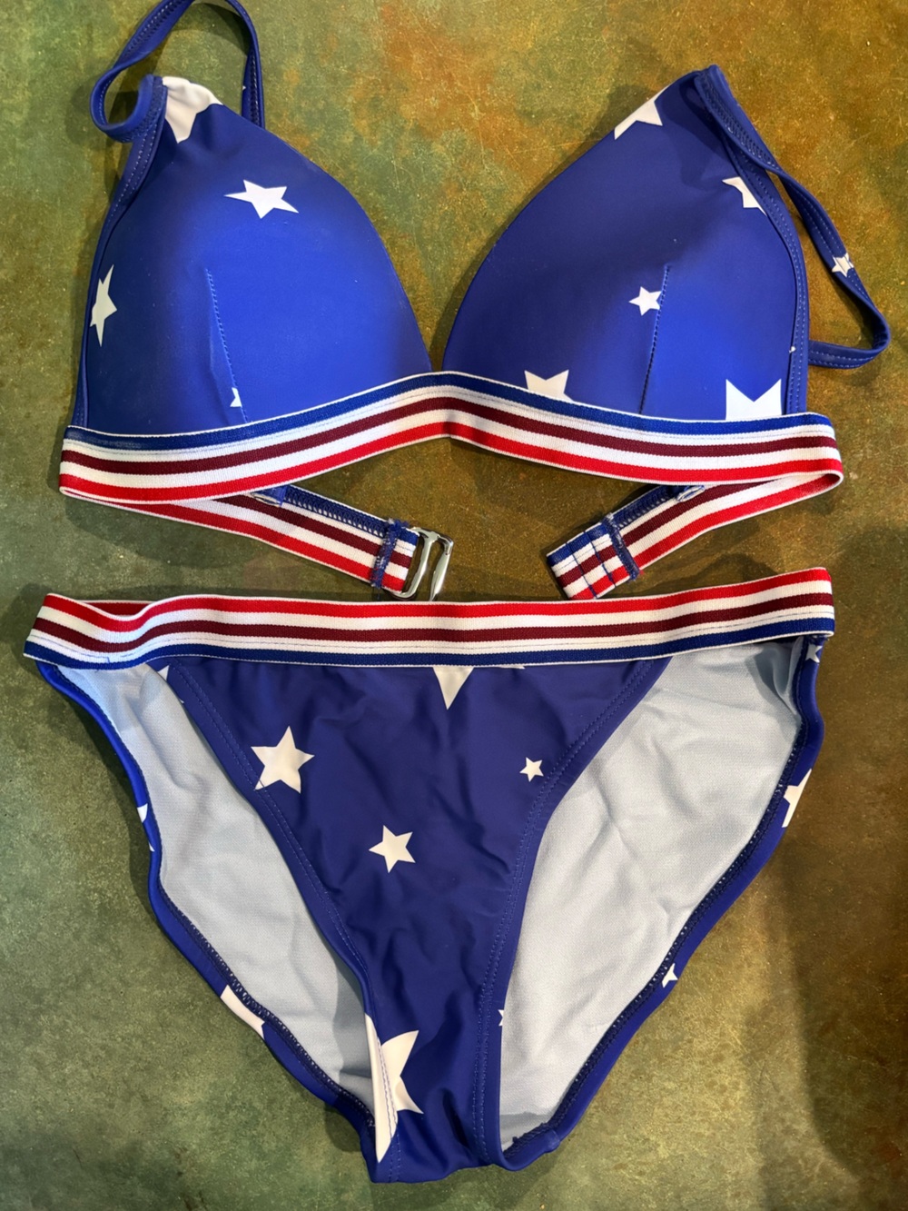 Star Print Blue Bikini with Striped Trim